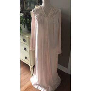Vintage Shadowline Blush Pink Nylon Robe Lace Trim Rosettes Long Sleeves Women L